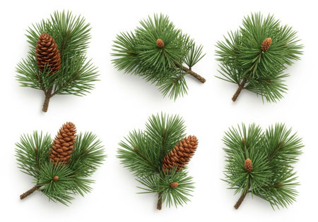 A collection of six realistic pine branches, each adorned with one or two brown pinecones, arranged on a clean white surface.の素材