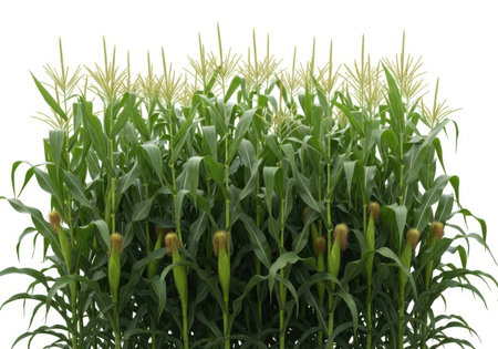 A dense field of mature corn plants, their green leaves and tassels reaching upwards against a white background.の素材
