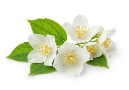 A cluster of fragrant white jasmine blossoms with vibrant green leaves, presented against a clean white backdrop.の素材