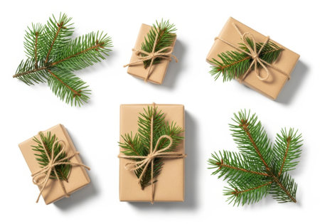 Christmas gift boxes with fir tree branches on white background, top viewの素材