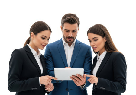 A man and two women in business attire intently review information on a tablet, suggesting teamwork and digital engagement.の素材