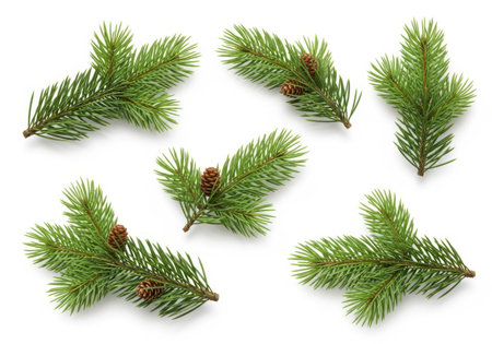 Several small, green pine branches with tiny pinecones are arranged on a clean white surface, creating a festive and natural composition.の素材