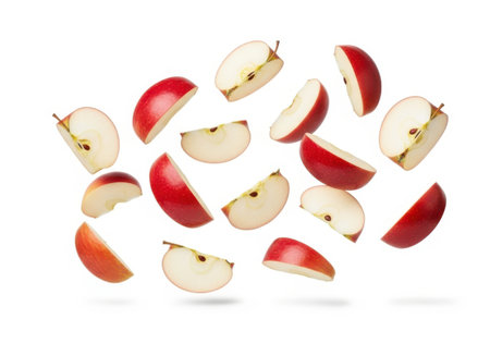 Flying red apples isolated on white background with clipping path and full depth of fieldの素材