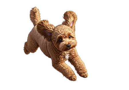 A fluffy, light brown Cockapoo dog is captured mid-leap, its ears flying back, conveying pure joy and energy against a clean white background.の素材