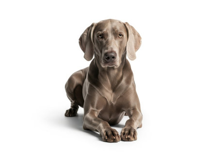 A majestic Weimaraner dog with distinctive grey coat lies calmly on a pure white studio background, looking directly at the camera.の素材
