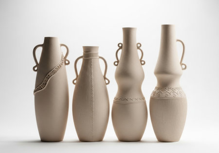 A collection of four distinct ceramic amphora vases, each tall and light-colored, are displayed side by side against a plain background.の素材