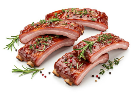 Four seasoned pork ribs are artfully arranged with fresh rosemary and peppercorns on a white background, ready for cooking.の素材