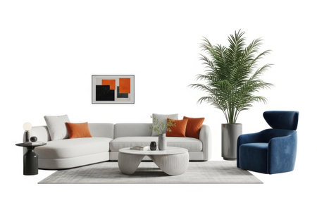 Modern interior of living room with sofa and armchair. 3d renderの素材