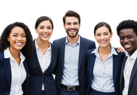 business, people and teamwork concept - group of smiling international business people in suits over white backgroundの素材