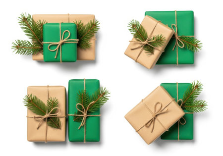 Four arrangements of Christmas presents, showcasing green and brown paper, tied with twine and adorned with pine needles.の素材
