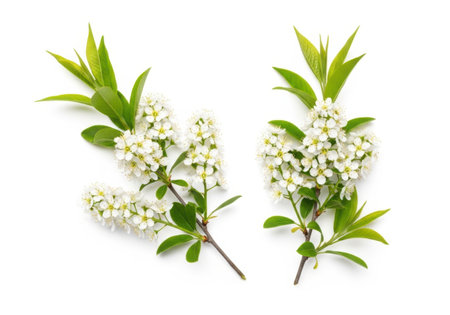 Two branches of small white flowers and vibrant green leaves are artfully arranged on a clean white surface, suggesting springtime.の素材