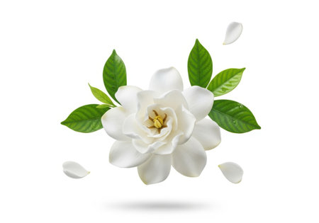 A beautiful white gardenia flower with green leaves and scattered petals floats elegantly against a clean white backdrop.の素材