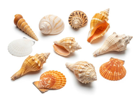 A collection of diverse seashells, including conch, scallop, and spiral varieties, artfully arranged on a clean white surface.の素材