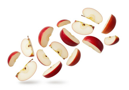 Numerous vibrant red apple slices, some with seeds visible, are captured in mid-air against a clean white background.の素材
