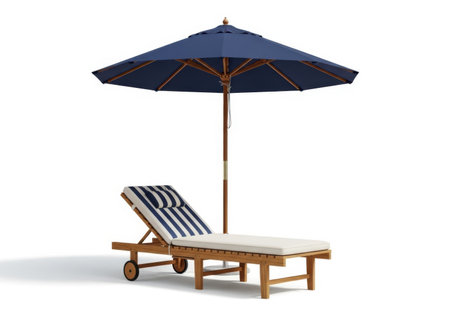 A wooden chaise lounge chair with striped cushions sits beneath a navy blue patio umbrella, isolated on a white background.の素材
