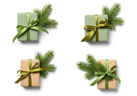 Set of Christmas gift boxes with green ribbons and fir branches on white backgroundの素材