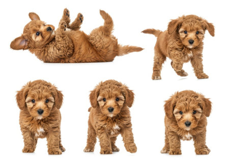 A collection of five fluffy golden doodle puppies captured in playful and adorable poses against a clean white background.の素材