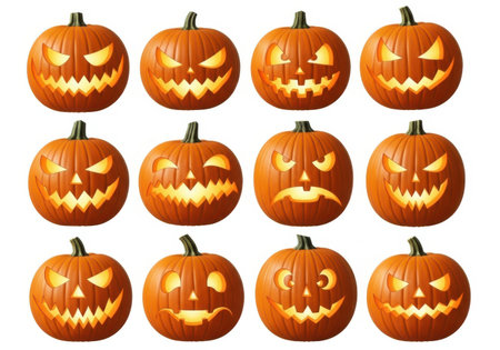 A grid of twelve carved pumpkins with glowing interiors, displaying various frightening and funny carved faces, perfect for Halloween decorations.の素材