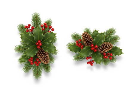 Two decorative Christmas arrangements featuring green pine branches, pinecones, and bright red berries on a white background.の素材