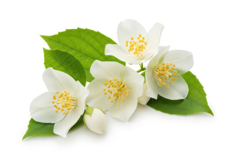 A close-up studio shot of four delicate white jasmine flowers with bright green leaves against a clean white background.の素材