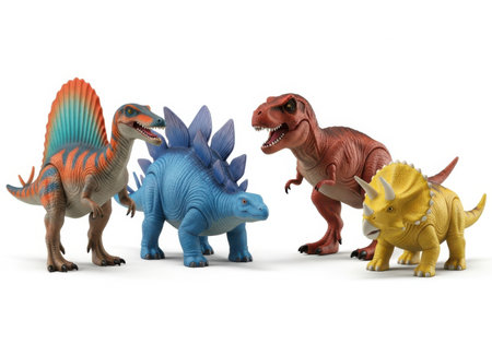 A group of four detailed dinosaur action figures, including a Spinosaurus, Stegosaurus, Tyrannosaurus Rex, and Triceratops, posed against a plain white backdrop.の素材