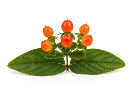 Branch with orange berries and green leaves isolated on white background.の素材