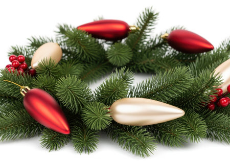 Festive evergreen garland adorned with red and gold ornaments and red berries. Ideal for winter holiday themes.の素材