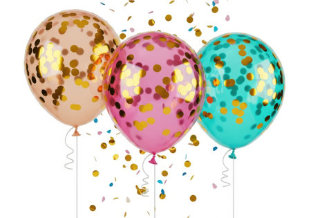 Three vibrant confetti-filled balloons with golden and colorful falling confetti. Ideal for celebrations, parties, and events.の素材