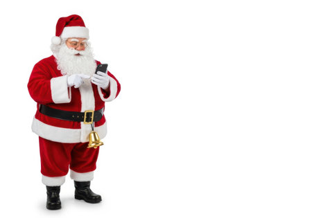 Jolly Santa Claus in traditional red suit, hat, and white beard interacting with a smartphone on a white background.の素材