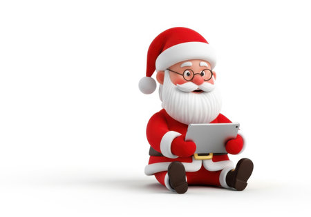 3D Santa Claus in red suit sits, engaged with a digital tablet on white background, symbolizing modern holiday tech.の素材