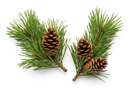Two fresh green pine tree branches with several natural brown pine cones, isolated on a clean white background.の素材