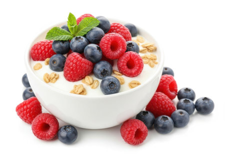 Close-up of fresh berry yogurt with granola in a white bowl, garnished with mint on a clean white background.の素材