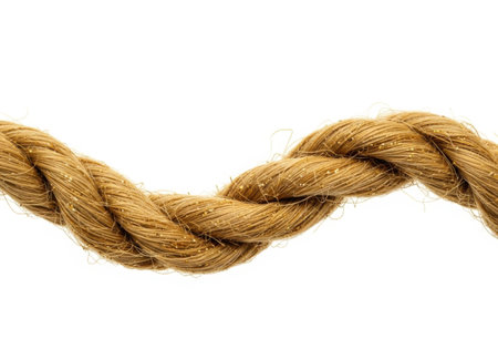 Close-up of a sturdy braided rope adorned with subtle golden glitter against a clean white background, ideal for texture.の素材