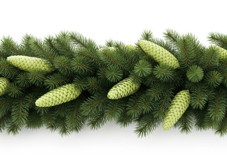 Vibrant green spruce garland adorned with several light green pine cones, forming a natural decorative border element.の素材