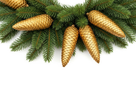 A festive arrangement of lush green fir branches and sparkling golden pinecones, creating a charming holiday border.の素材