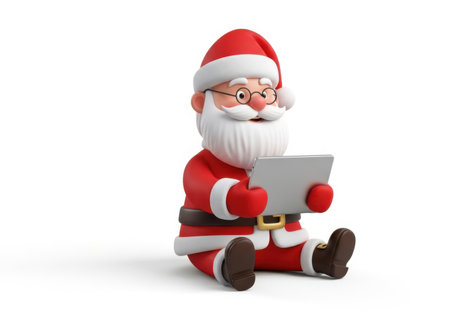 A cheerful 3D rendered cartoon Santa Claus sits, engrossed in using a digital tablet device for modern holiday tasks.の素材