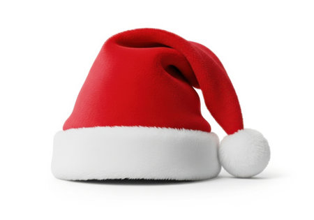A vibrant red Santa Claus hat with a white fluffy brim and pom-pom, perfect for holiday greetings and Christmas designs.の素材