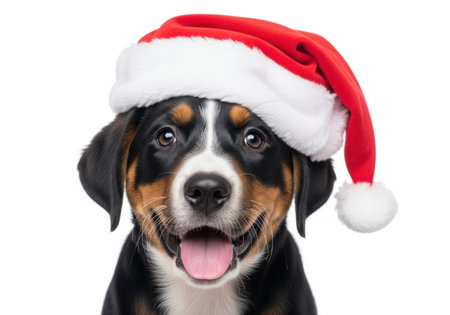 Happy tricolor puppy in a red Santa hat, mouth open, tongue out, festive holiday pet isolated on white, looks at camera.の素材