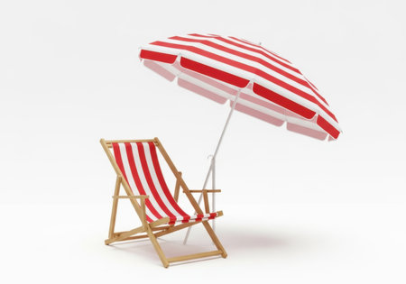 A classic red and white striped beach chair and sun umbrella are isolated, representing summer leisure and relaxing holidays.の素材