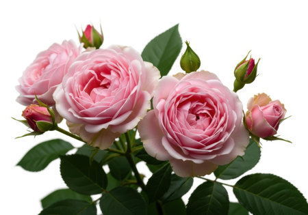 A detailed studio shot of freshly bloomed pink roses and buds, showcasing their soft petals and vibrant green foliage.の素材