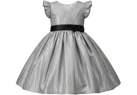 Elegant silver party dress with a shimmering fabric, ruffled sleeves, and a black satin sash with a chic bow.の素材