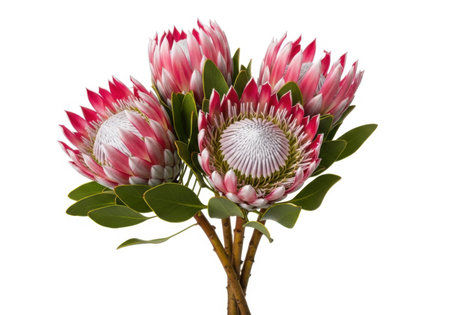 A close-up studio shot of a vibrant pink protea flower bouquet, showcasing its exotic beauty and unique texture on a clean background.の素材