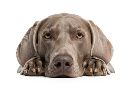 A loyal Weimaraner dog rests calmly, looking directly at the camera. Its expressive eyes and smooth coat stand out.の素材