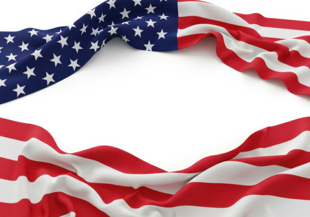 Waving American flag forming an empty frame on white background, symbolizing patriotism, freedom, and national pride.の素材