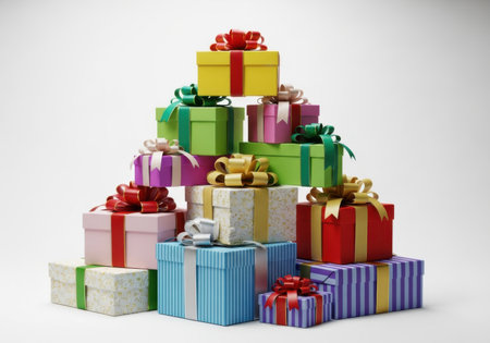 A towering arrangement of brightly colored gift boxes, stacked in a pyramid shape and adorned with festive ribbons and bows, ready for celebration.の素材