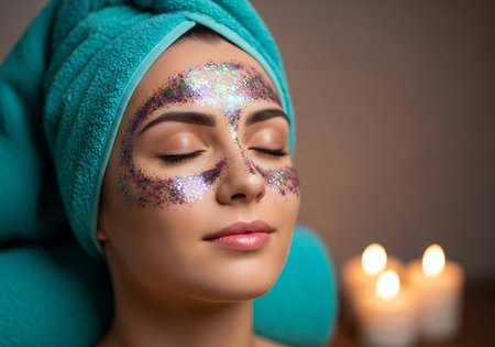 A woman with a vibrant teal towel wrapped around her hair peacefully experiences a hydrating and exfoliating facial mask. The soft glow of candles in the foreground enhances the serene spa atmosphere, promoting relaxation and skin rejuvenation.の素材