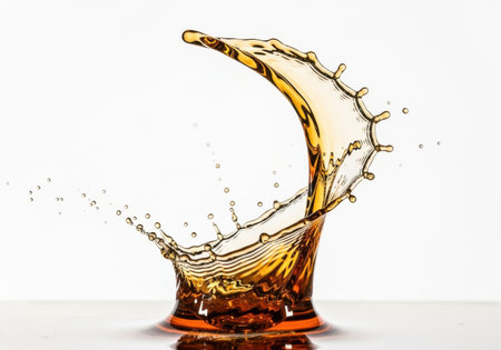 A dramatic, frozen splash of amber liquid erupts upwards, creating a dynamic, curved shape against a white background.の素材