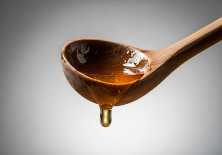 A close-up shot of viscous golden honey slowly dripping from a rustic wooden spoon against a soft grey background.の素材