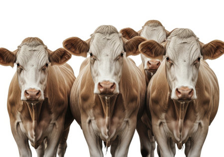 A group of brown and white cows with curious expressions stand close together against a white background.の素材