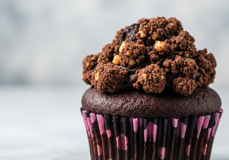 A decadent chocolate muffin in a pink and white wrapper, generously topped with a textured, dark chocolate crumble.の素材